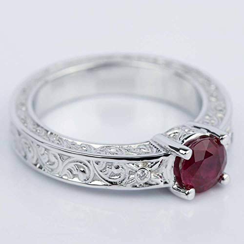 0.90 Carat Ruby Color Stone Solitaire Ring - Engraved Design in 950 Platinum Plated Silver | Valentine's Gift, Anniversary Present, Engagement Jewelry for Women