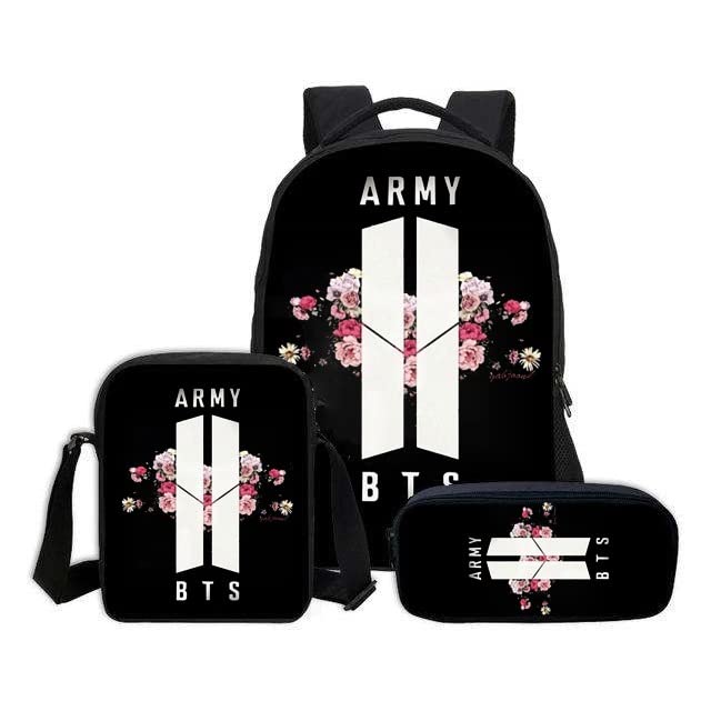 BTS Themed Casual Backpack Set for School, College & Office - 3-Size Combo with Lunch Box & Pencil Pouch (Black) | Perfect for Students, Work & Daily Use