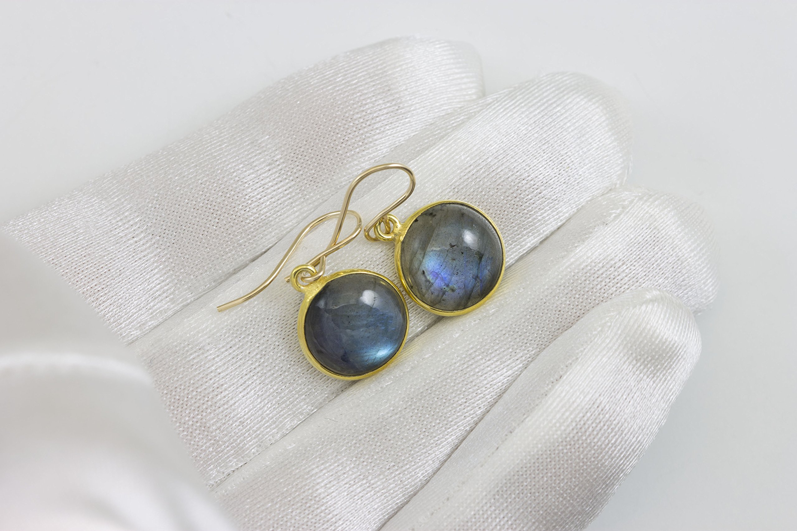 Labradorite Earrings Blue Smooth Cut Round Goldtone Bezel Set - Dainty Simple Small Drop Earrings for Women, Perfect for Casual Wear, Office & Everyday Jewelry