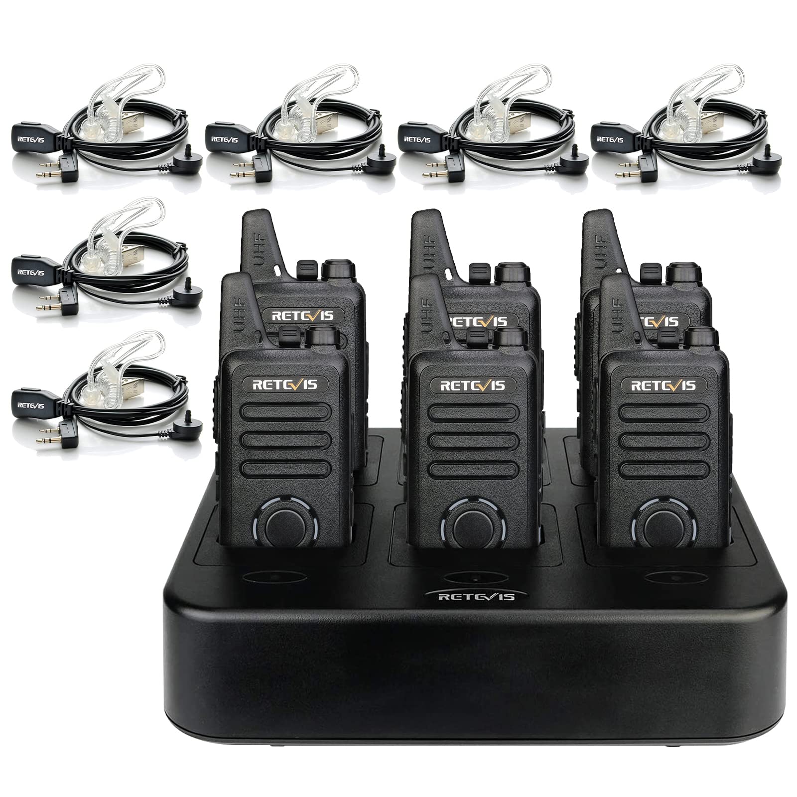 Retevis RT22S Rechargeable Long Range Walkie Talkies - 2 Way Radios with Earpiece & Mic Set, LCD Channel Display, Signal Prompt, Handsfree Portable Two-Way Radio (6 Pack) & 6-Port Multi Charger - Perfect for Construction Sites, Warehouse Operations, Outdoor Adventures and Event Coordination