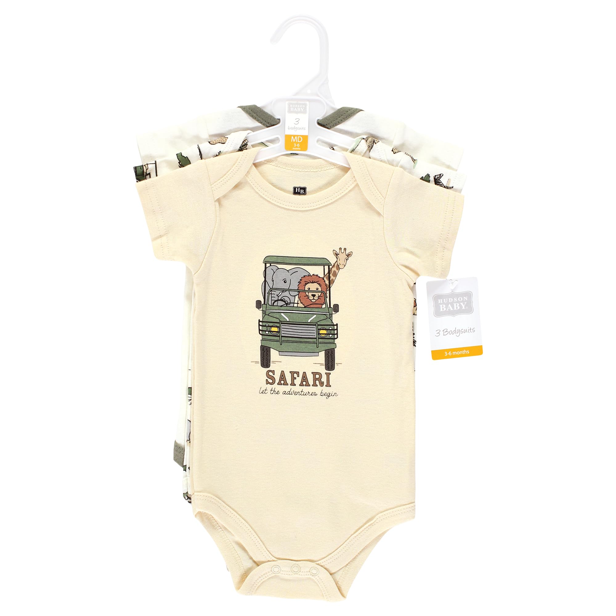 Hudson Baby Unisex Cotton Bodysuits - Going On Safari 3-Pack (0-3 Months) | Soft & Comfortable Onesies for Newborns | Perfect for Everyday Wear, Playtime & Photo Shoots