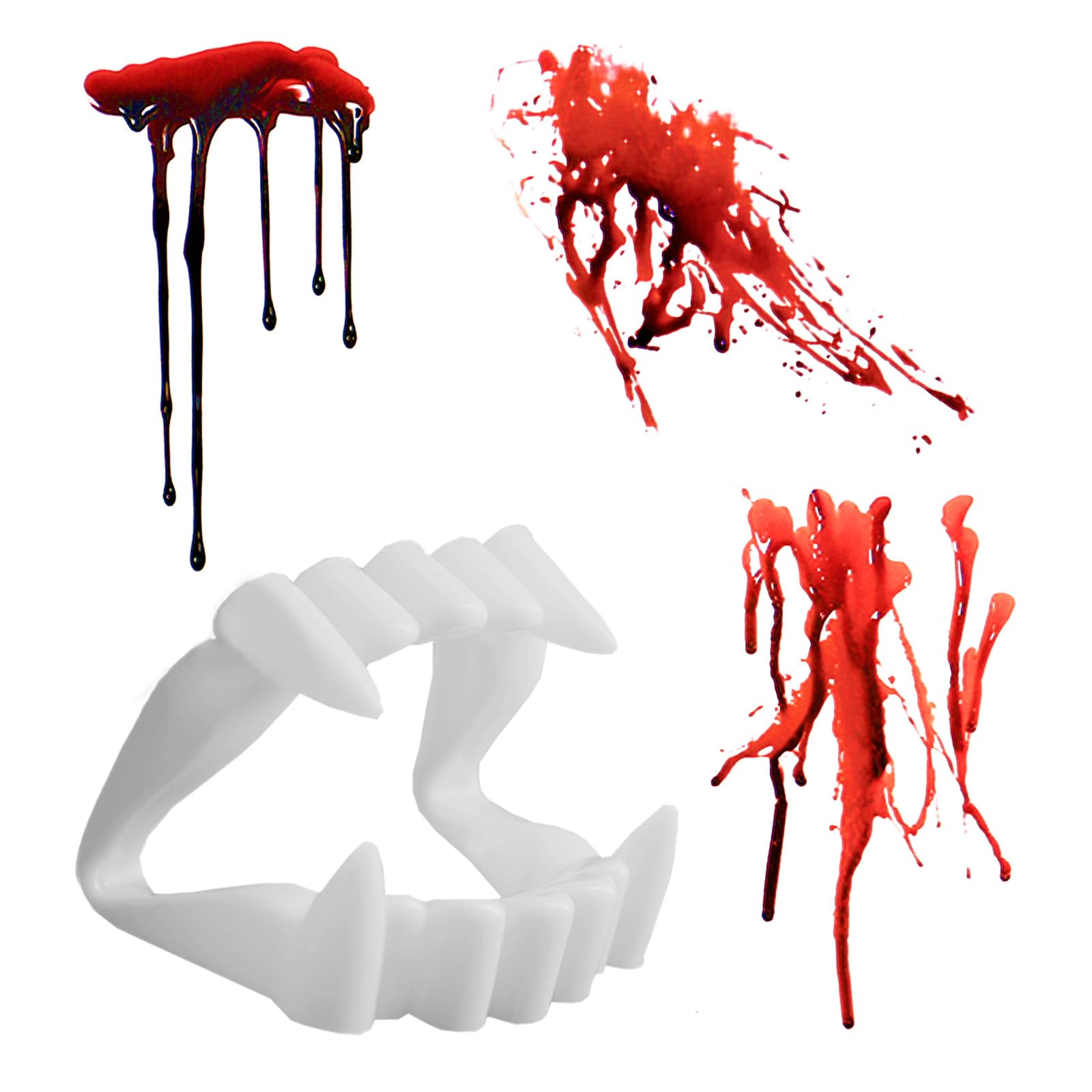 Halloween Temporary Tattoos & Vampire Teeth Fangs Set - Realistic Fake Blood Face Tattoos for Adults & Kids, Waterproof Costume Accessories for Halloween Parties, Cosplay & Trick or Treat