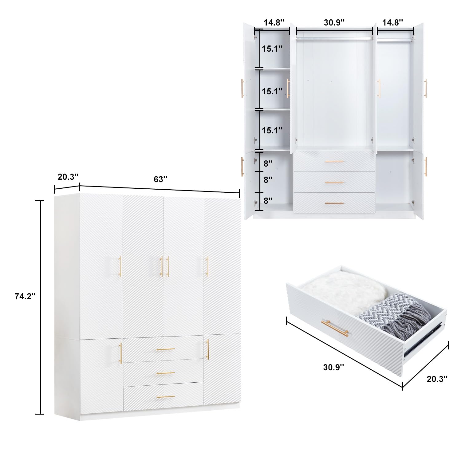 4-Door White Wood Armoire Wardrobe Closet with 3 Drawers - Spacious Storage Cabinet with Hanging Rod (63