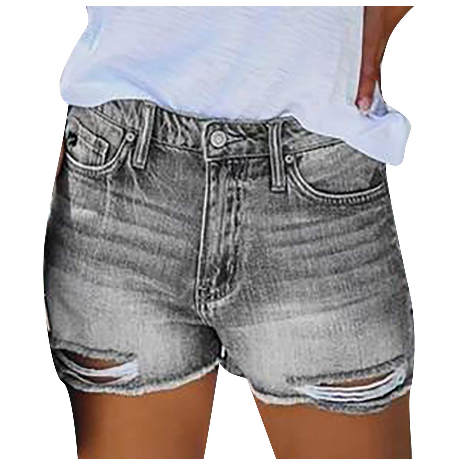 Women's High Waisted Ripped Denim Shorts with Pockets - Summer Casual Stretchy Jeans for Teens & Women