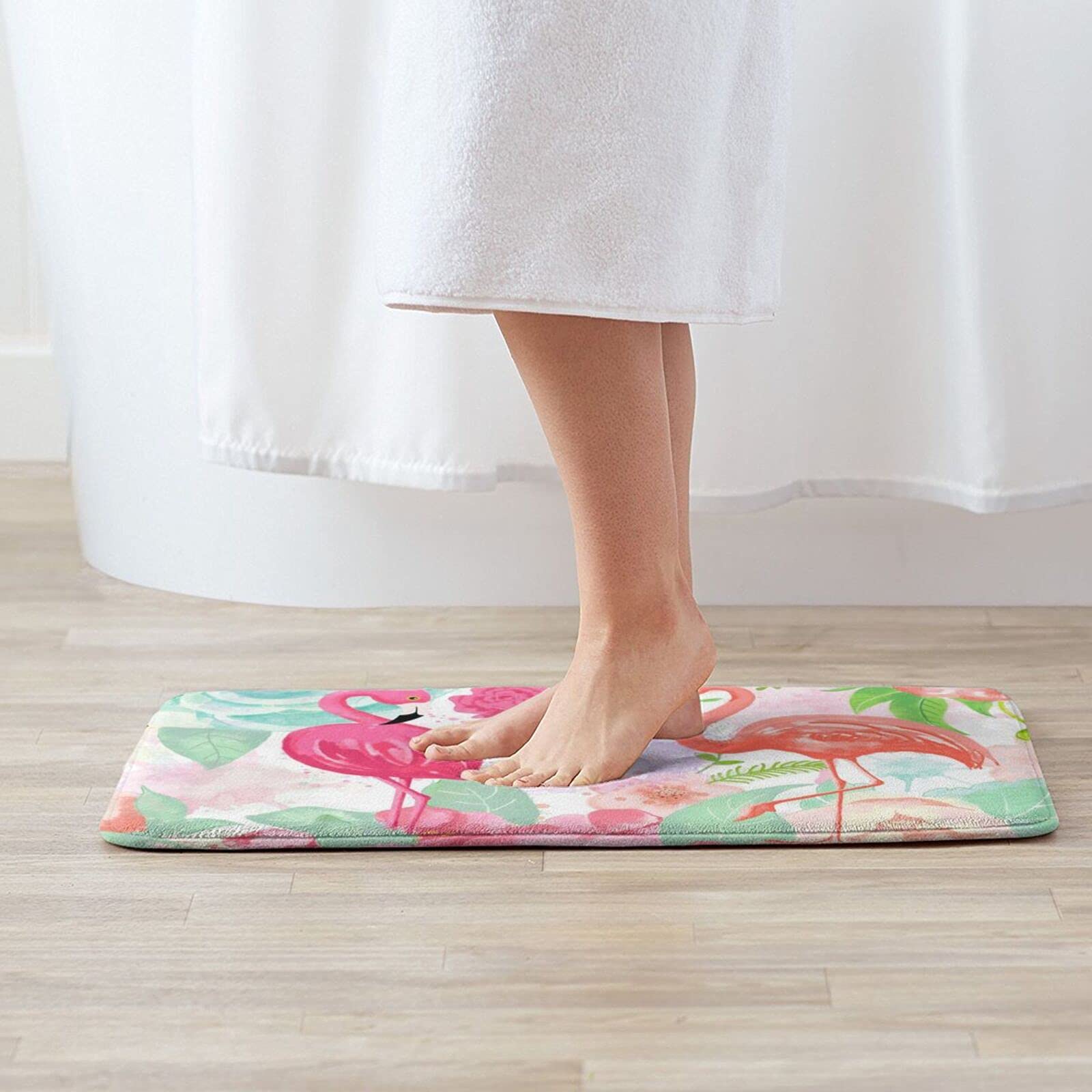 **Flamingo Tropical Bath Mat - Soft, Non-Slip, Absorbent & Washable Bathroom Rug - Perfect for Bathroom, Shower & Kitchen Sink Decor**    *(Use Case: Adds a stylish, cozy touch to your bathroom or kitchen while providing safety and comfort underfoot.)*