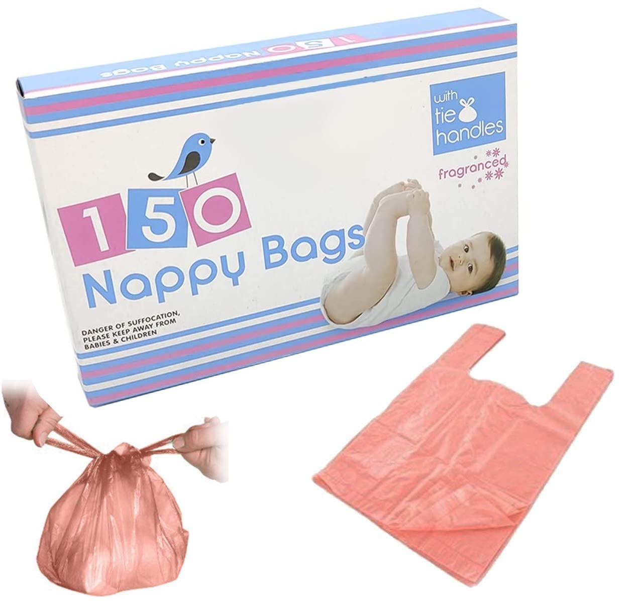 150 Pack Scented Nappy Bags with Tie Handles - Fragranced Disposable Diaper Changing Bags | Baby Nappy Waste Sacks, Adult Incontinence & Dog Poop Bags | Perfect for Diaper Changes, Travel & Pet Cleanup