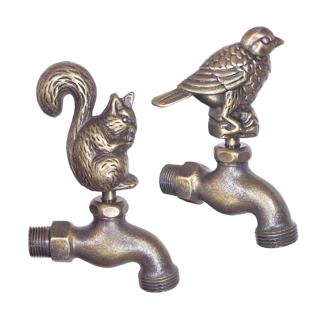 Decorative Solid Brass Outdoor Garden Faucet 4 Inch Set of 2 - Squirrel & Bird Animal Yard Water Tap, Spigot Bibcock for Patio, Lawn & Backyard Decor - Perfect Gift for Garden Lovers
