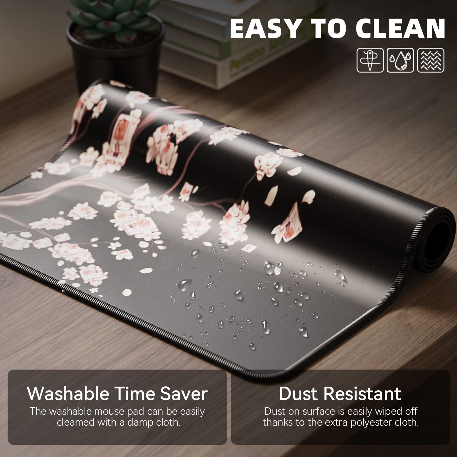 Japanese Plum Blossoms Black Extended Gaming Mouse Pad (31.5×11.8×0.12 inch) - Large Non-Slip Rubber Base Desk Mat with Stitched Edges for PC, Office & Home Workspace Setup