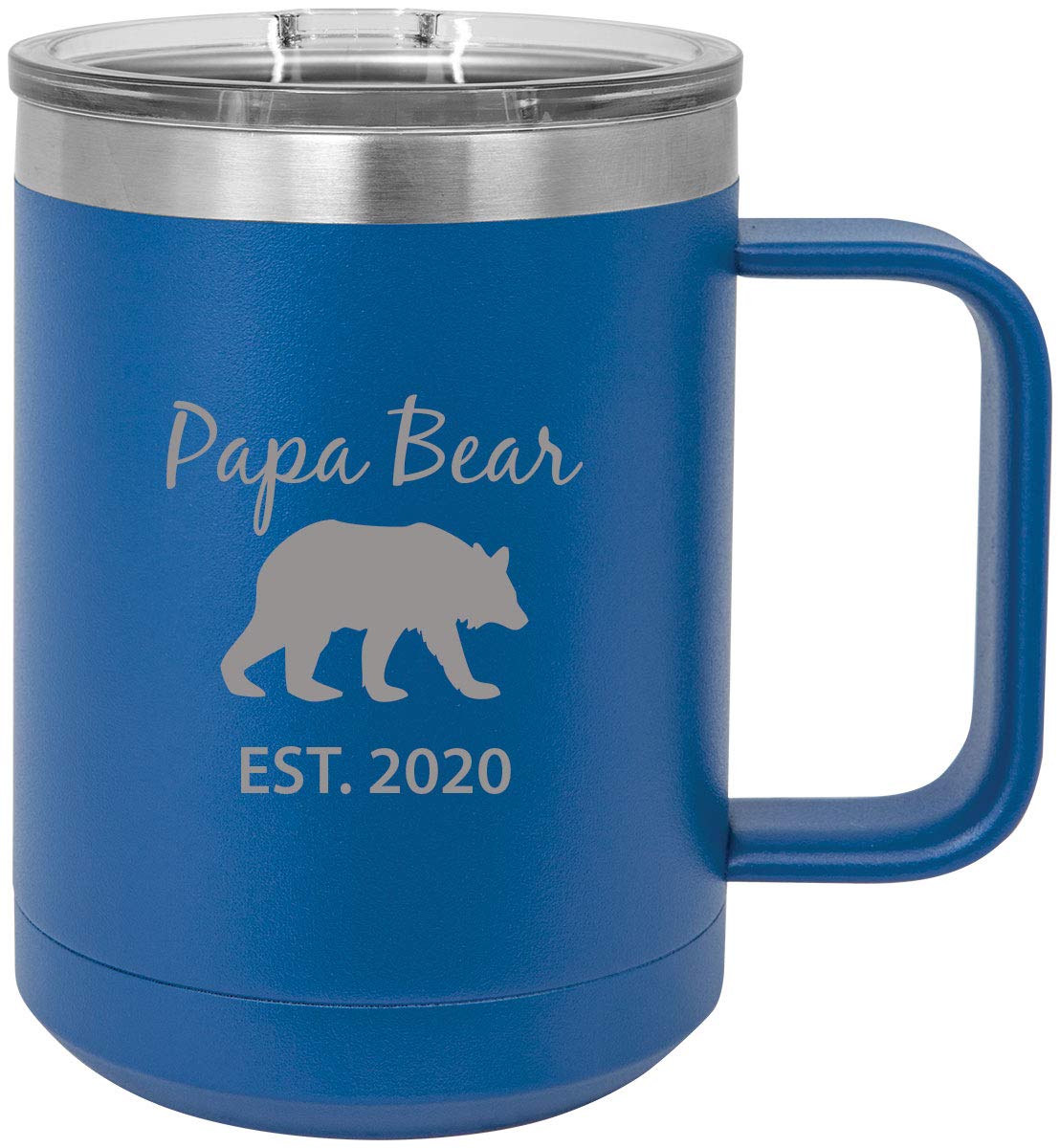 Papa Bear Stainless Steel Vacuum Insulated 15oz Travel Coffee Mug with Slider Lid - Leak Proof, Keeps Hot/Cold for Hours - Perfect for Commuting, Camping & Office Use (Blue)