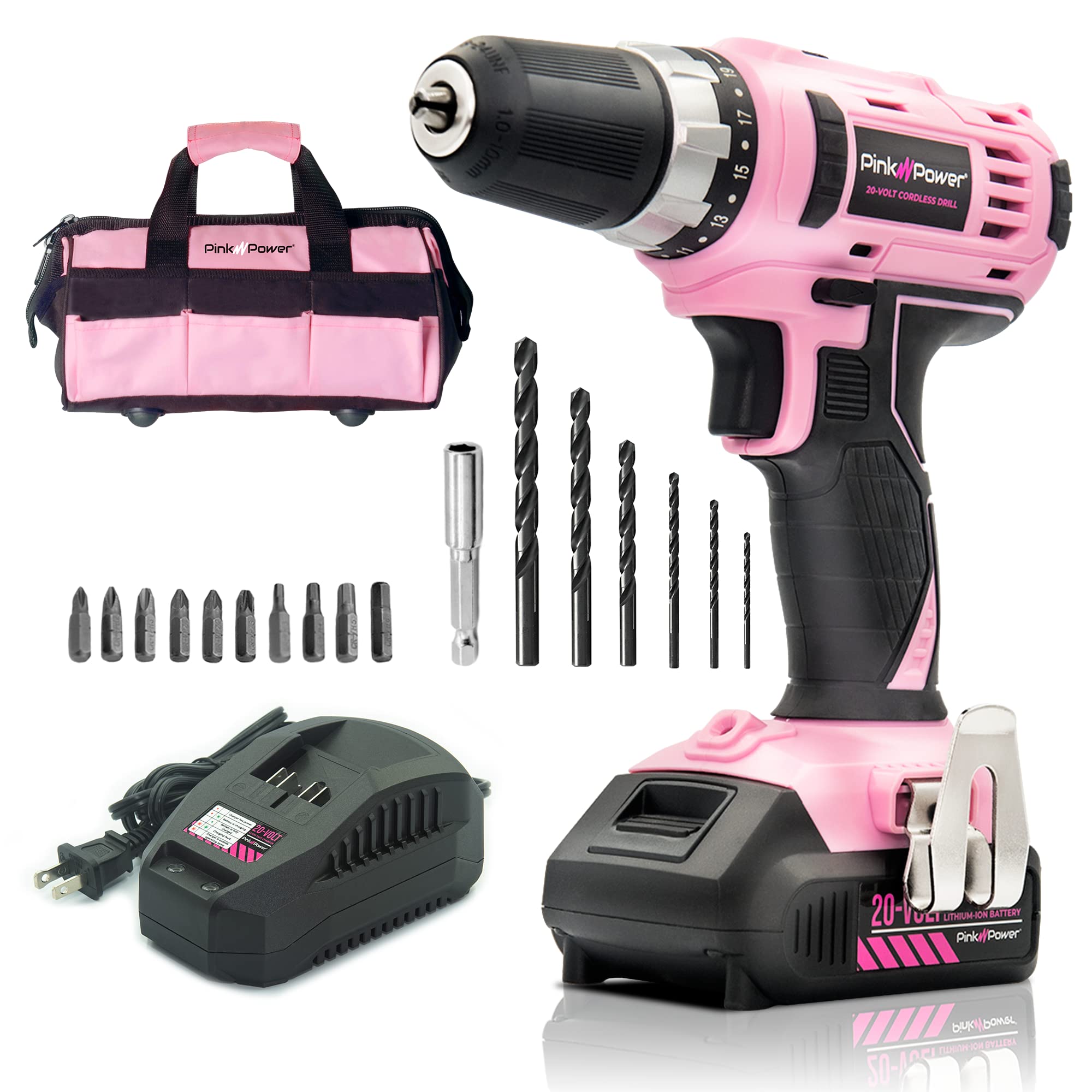 Pink Power 20V Cordless Drill Kit for Women - Lightweight Electric Drill with Battery, Charger & Accessories - Lithium-Ion Battery Powered Tool - Perfect for DIY Home Projects, Crafting & Small Repairs