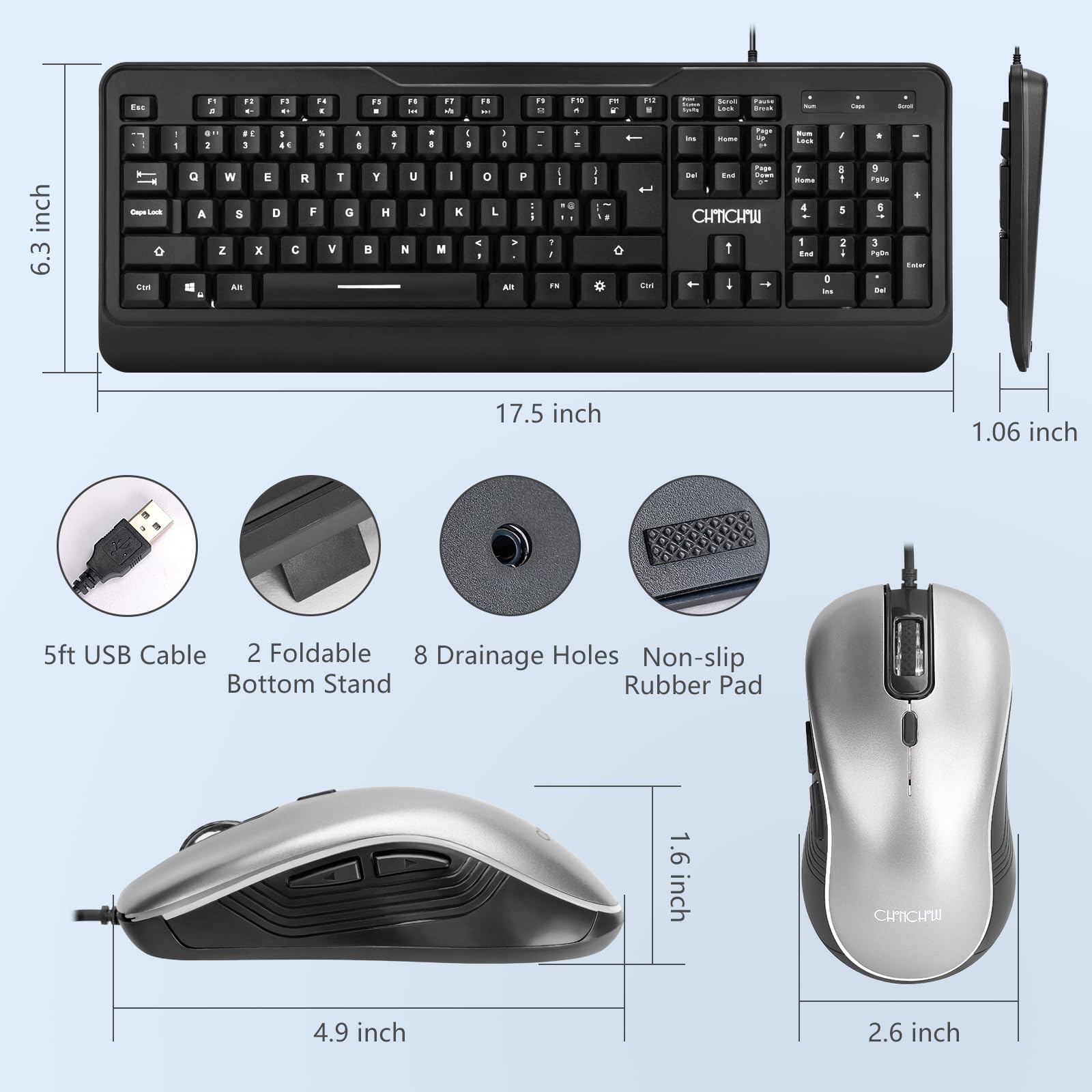 CHONCHOW RGB Backlit LED Full Size Keyboard and Mouse Combo with Wrist Rest, USB Wired for PC, PS4, Laptop, Windows & Mac - Perfect for Gaming, Office Work & Home Use