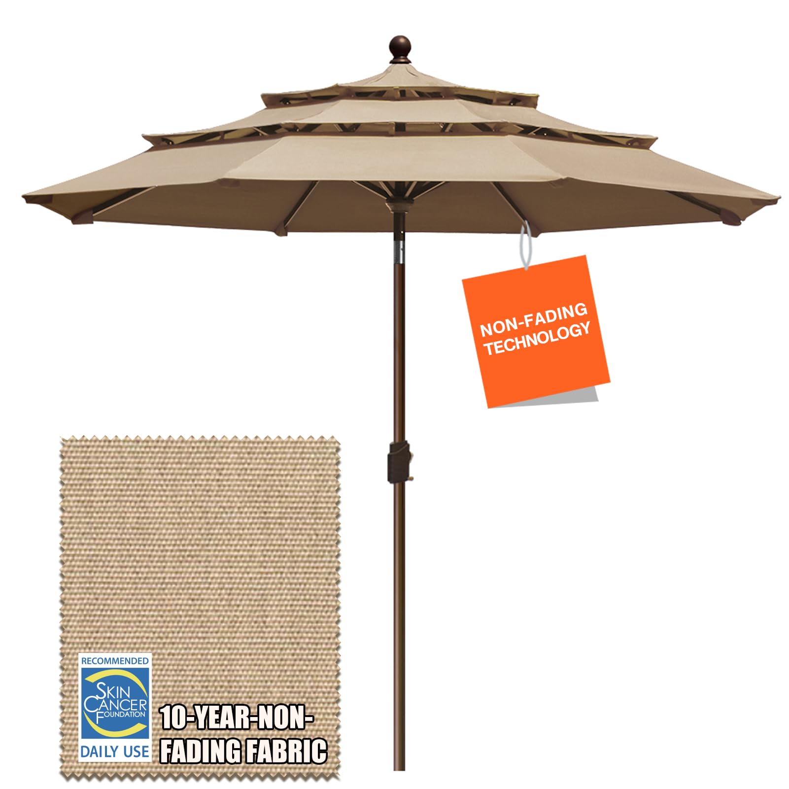 EliteShade 9Ft 3-Tier Patio Umbrella with Ventilation - 10-Year Fade-Resistant Outdoor Market Umbrella in Heather Beige - Perfect for Backyard, Poolside, and Restaurant Outdoor Dining