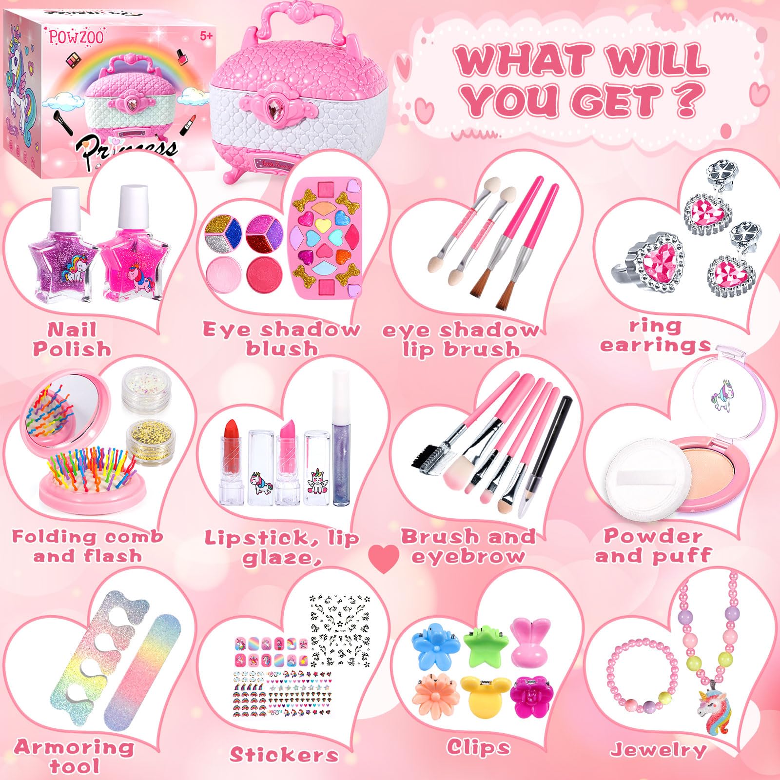POWZOO 64-Piece Kids Makeup Toy Set - Non-Toxic & Washable Princess Makeup Kit for Girls Ages 5-12 - Perfect Birthday & Christmas Gift for Pretend Play, Dress-Up & Role-Playing Games