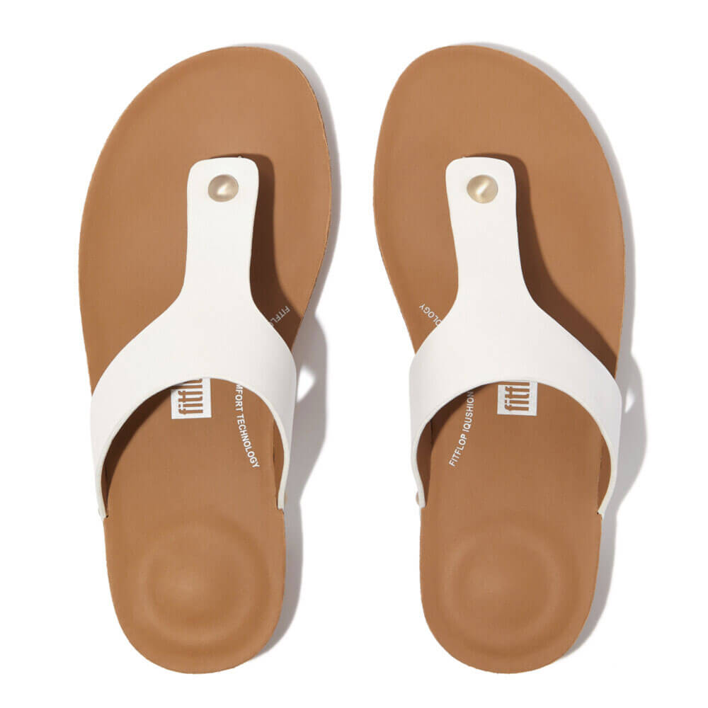 FitFlop Iqushion Leather Toe Post Sandals for Women - Comfortable Orthopedic Flip Flops with Arch Support - Urban White - Perfect for Walking, Travel & Summer Outfits