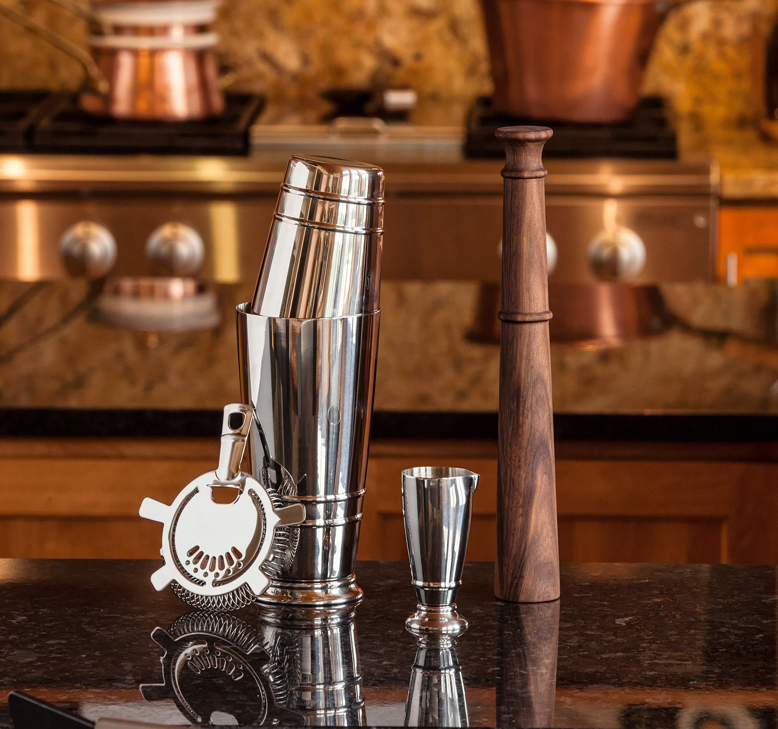 Premium Fortessa Barware Boston Shaker Cocktail Set - 18/8 Stainless Steel Mixing Tins with Strainer & Jigger - Perfect for Home Bars, Professional Bartenders & Cocktail Enthusiasts (Great Gift for Mixologists)