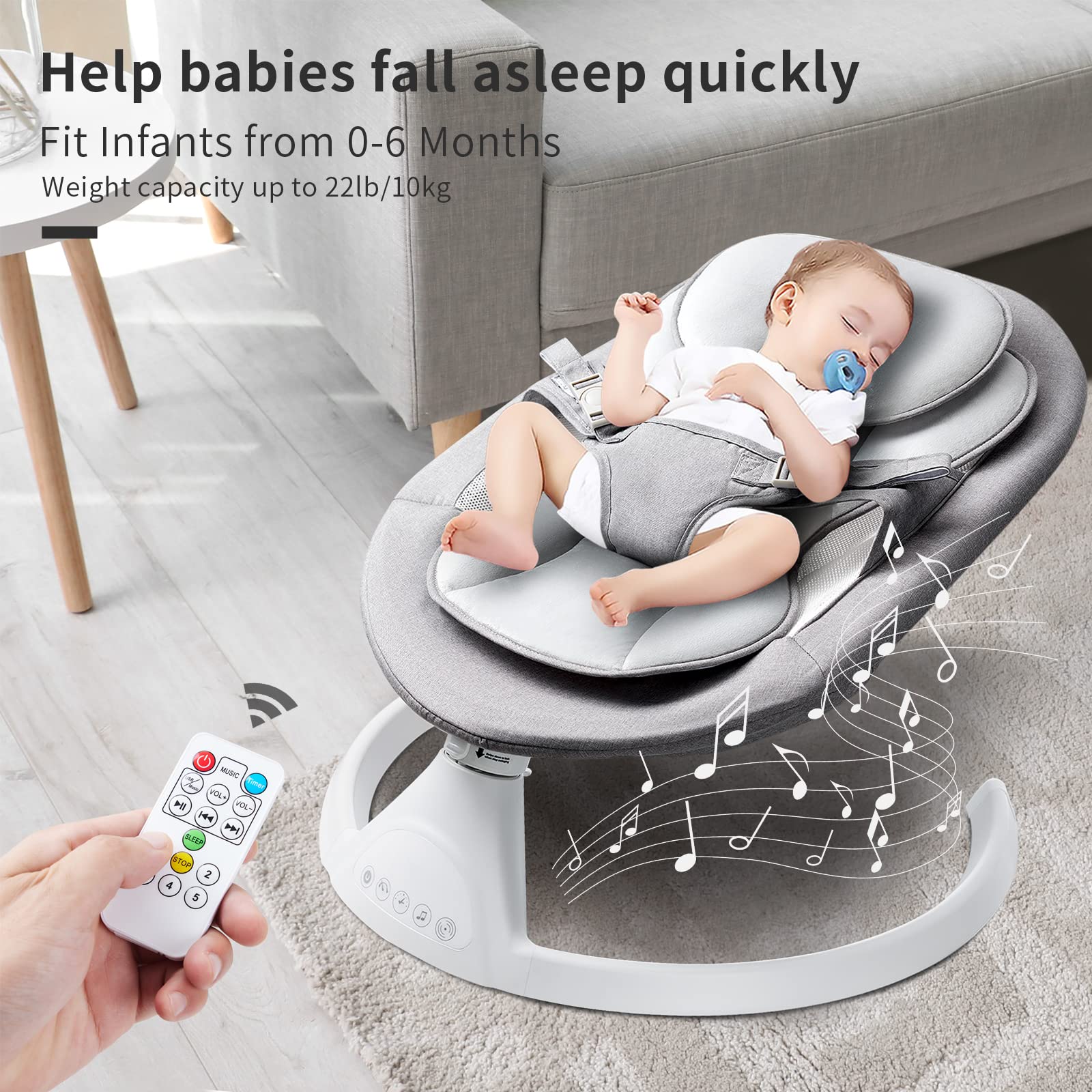 Lupfung Bluetooth Baby Swing with 5 Motion Modes, LED Touch Panel & Music Speaker - Gentle Infant Rocker for Newborns (Gray) - Perfect for Nursery, Daycare & Soothing Fussy Babies