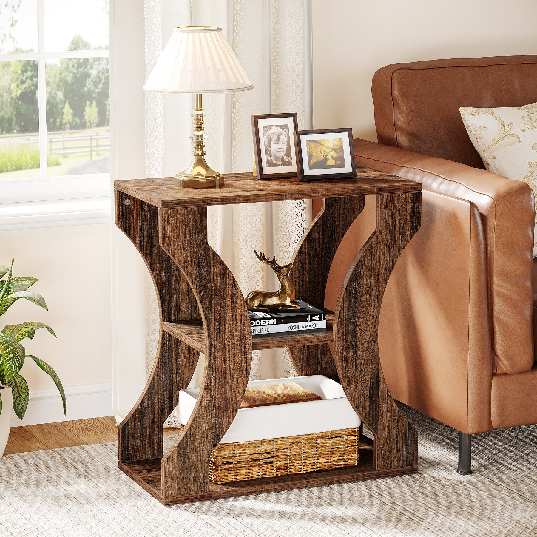 3-Tier Farmhouse End Table with Storage Shelves - 24 Inch Rustic Side Table for Living Room, Bedroom & Entryway - Perfect for Home Decor, Books & Plants