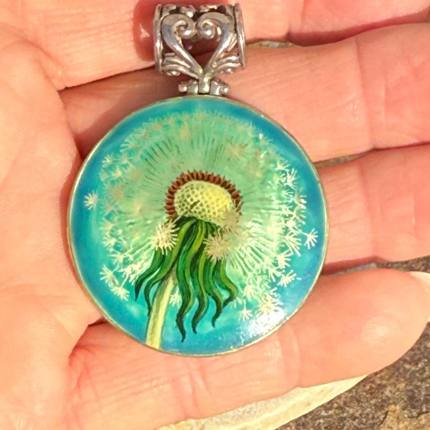 Hand-Painted Sterling Silver Mother of Pearl Dandelion Pendant Necklace - Elegant Jewelry Gift for Women, Perfect for Weddings & Special Occasions