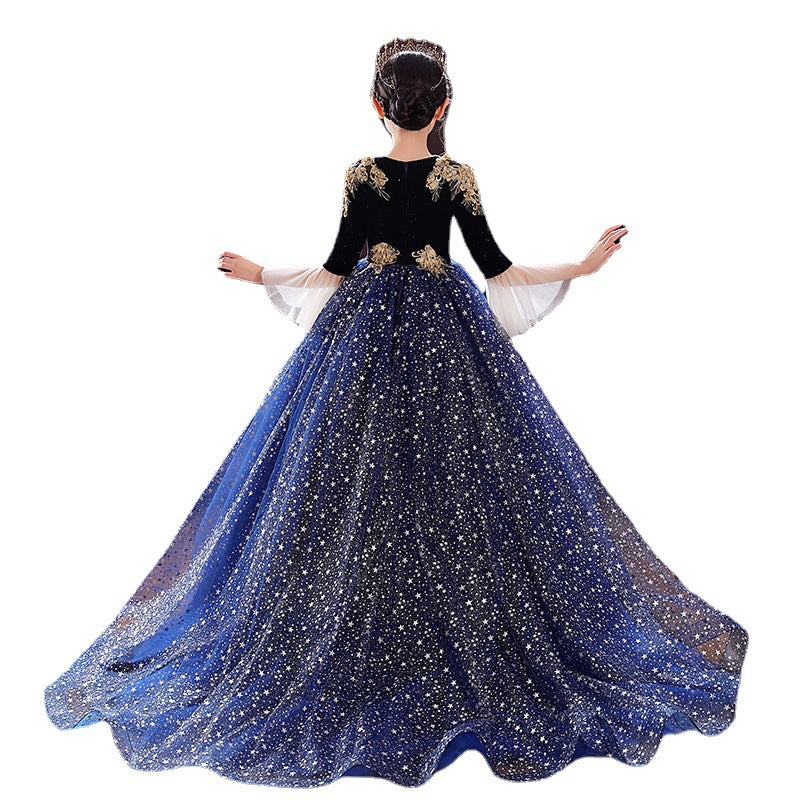 Sparkly Sequined Princess Flower Girl Dress with Lace Bell Sleeves - Elegant Long Sleeve Pageant Dress for Weddings, Birthday Parties & Special Occasions