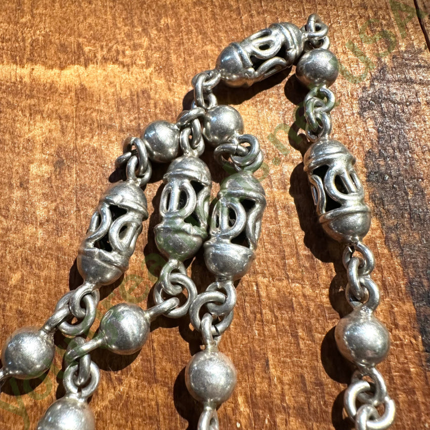 Vintage Mexican Sterling Silver Orb & Barrel Link Necklace – Handmade Jewelry for Women, Boho Chic Necklace, Perfect for Casual Wear & Special Occasions