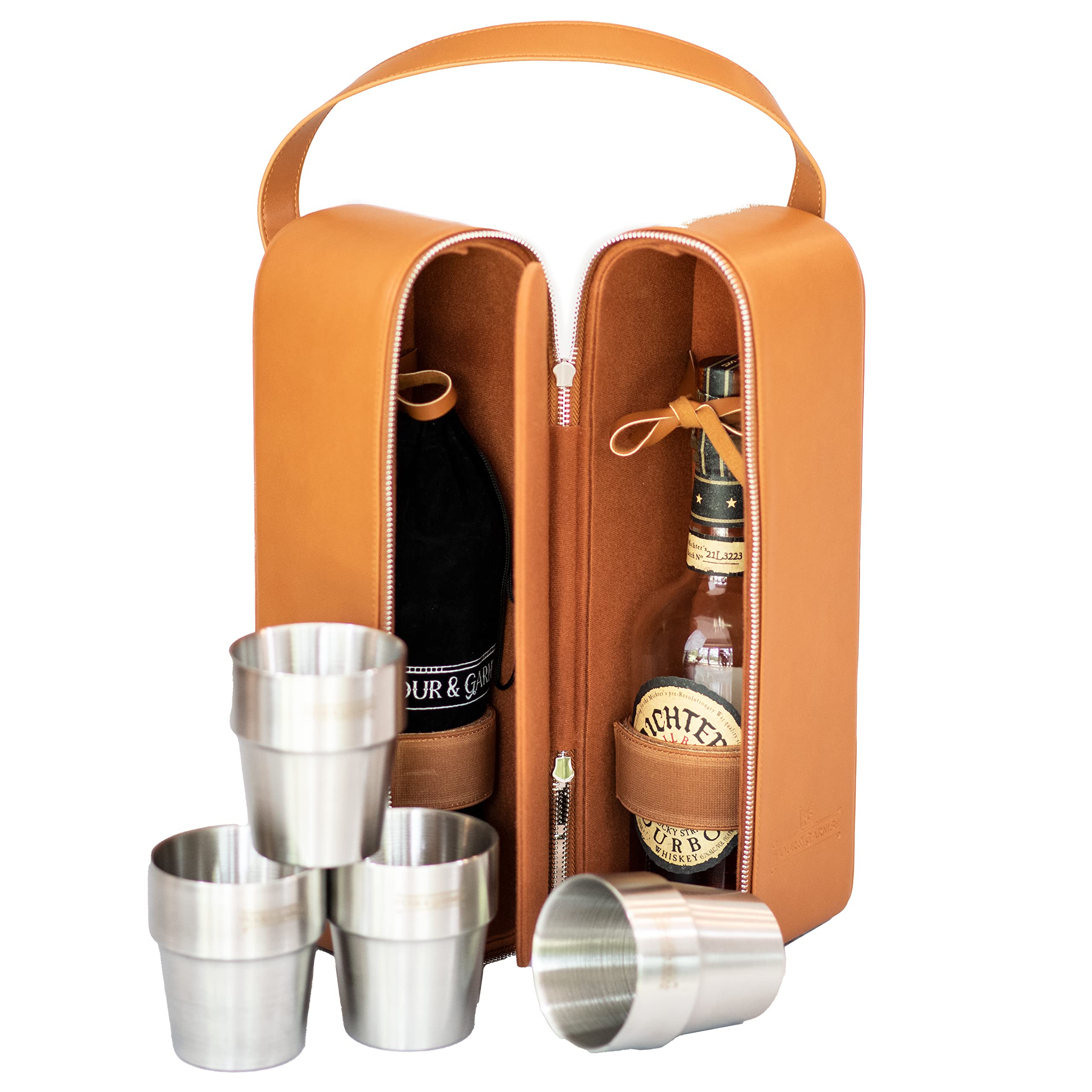 Premium Bourbon & Whiskey Double Bottle Tote Bag with 4 Insulated Stainless Steel Glasses - Perfect for Gifting, Parties & Outdoor Adventures - Light Brown with Silver Hardware
