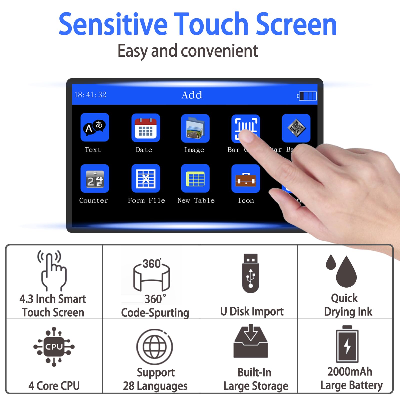 Portable Handheld Inkjet Printer with 42ml Quick-Drying Ink Cartridge - 4.3