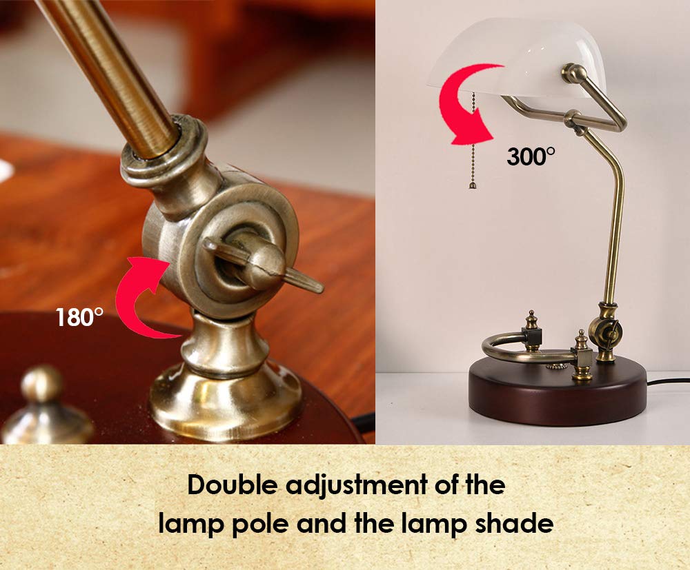 Vintage White Bankers Lamp with Glass Shade - Solid Wood Antique Desk Lamp for Office, Study & Reading - Classic Literature & Art Inspired Lighting - Perfect for Home Office, Library & Study Room