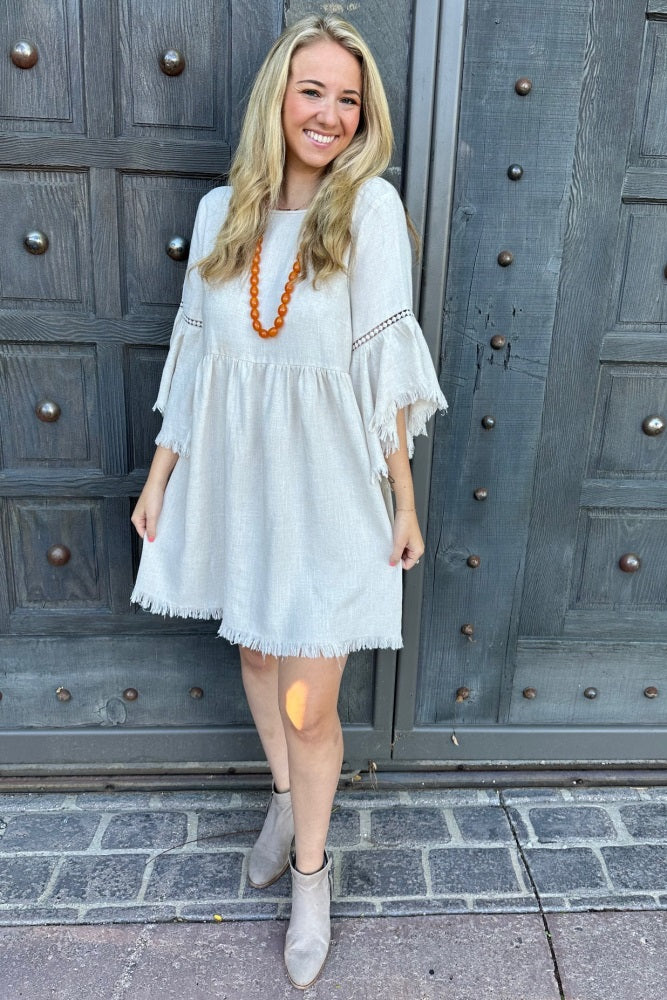 Beige Raw Edge Bell Sleeve Babydoll Dress for Women - Boho Chic Lace Trim Mini Dress - Perfect for Summer, Beach, Music Festivals & Date Nights