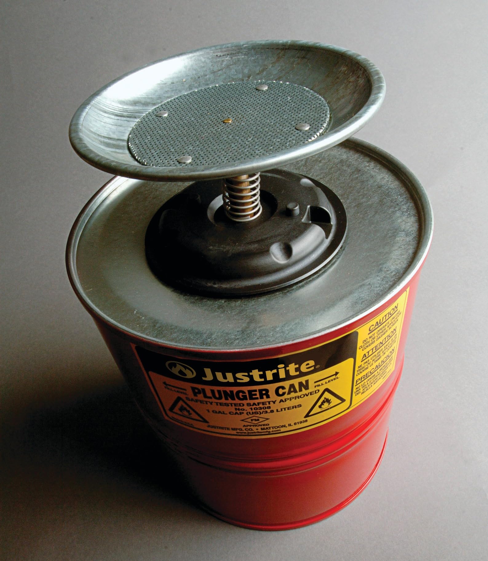 Justrite 1 Gallon Steel Push-Down Solvent Dispenser Can - Red (10308) | Made in USA | Industrial Solvent Storage & Dispensing Solution for Mechanics, Workshops & Auto Repair Shops