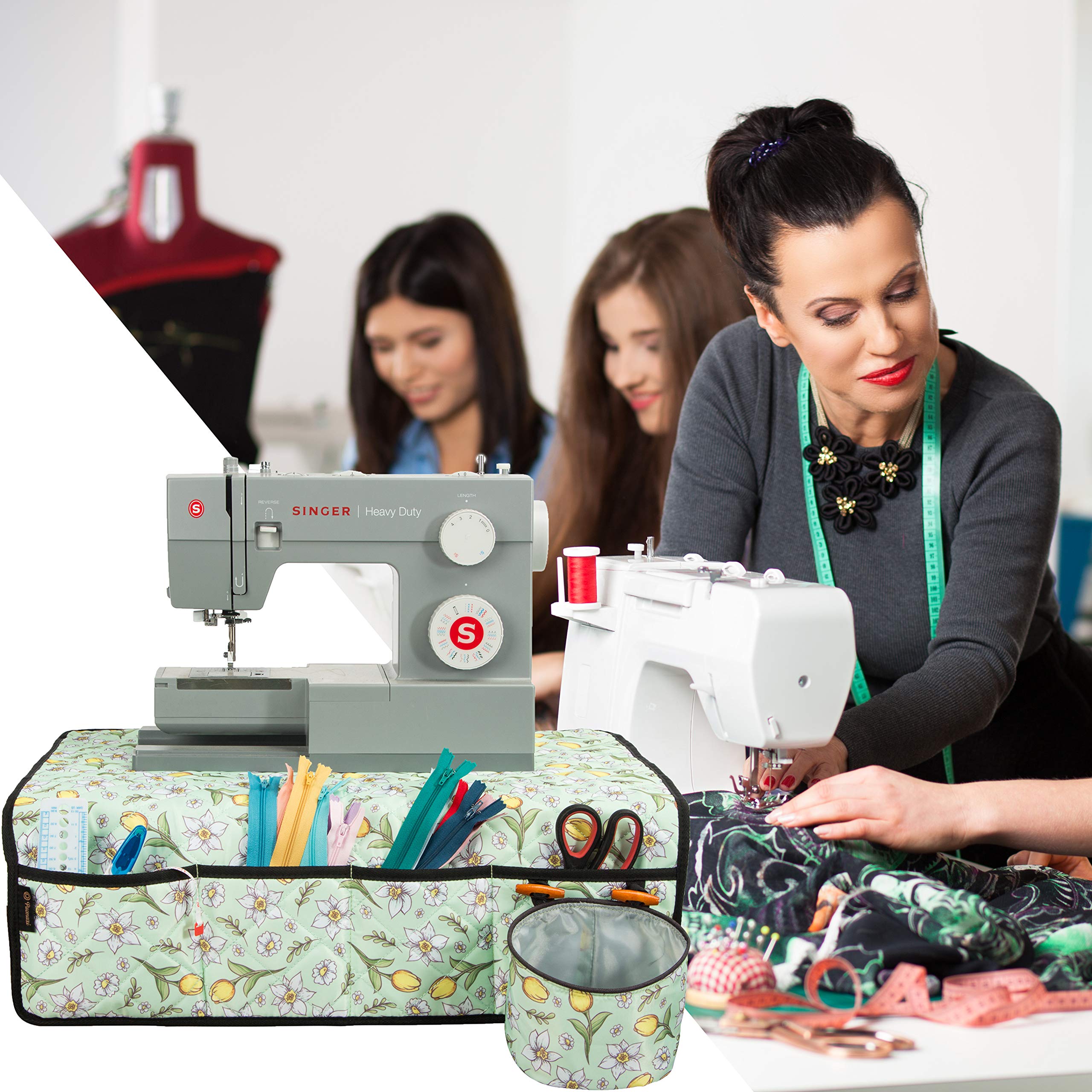 PACMAXI Water-Resistant Sewing Machine Pad with Storage Pockets - Floral Green Table Mat Organizer for Sewing Accessories | Perfect for Craft Rooms, Quilting Stations & Home Sewing Projects