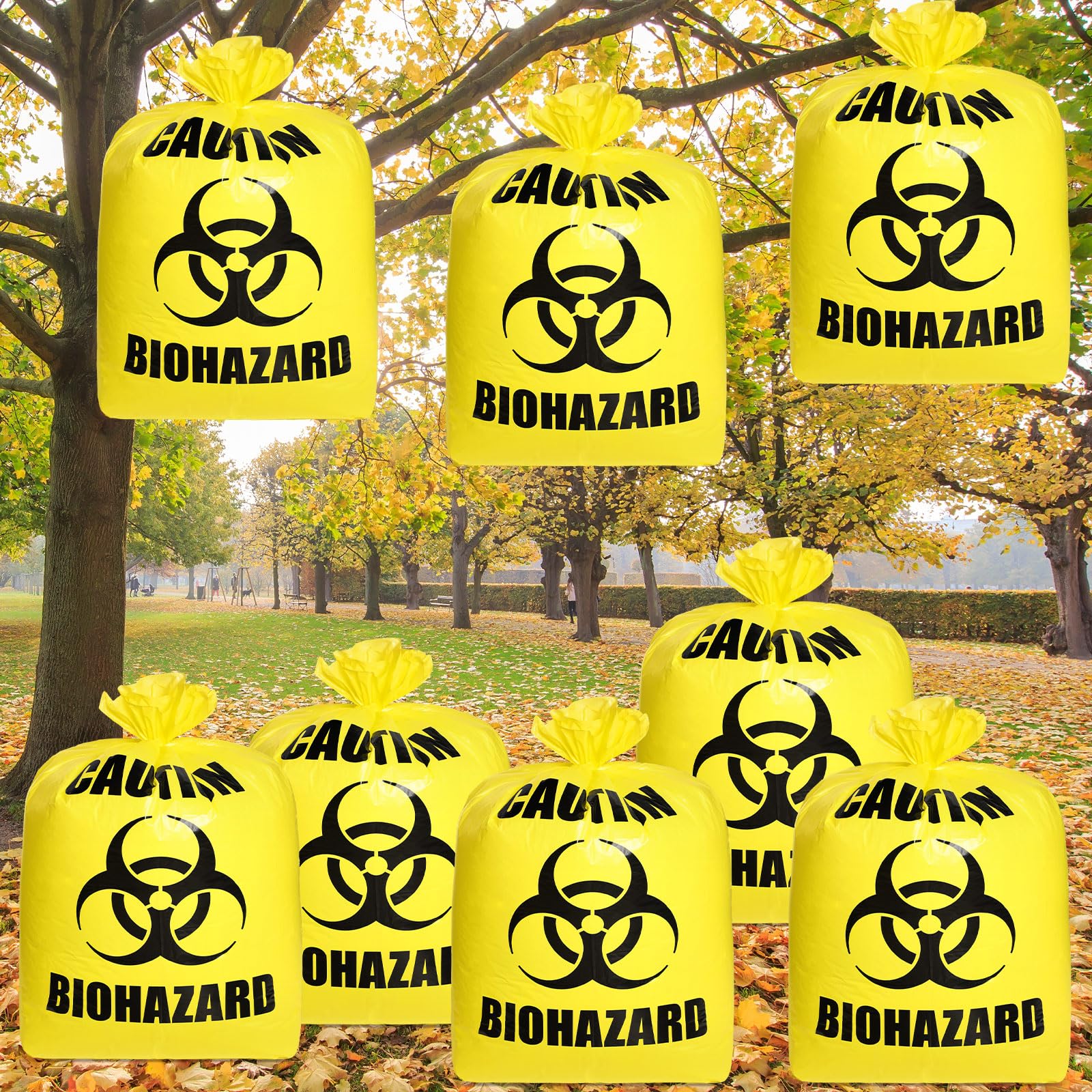 Qilery 8-Pack Large Halloween Leaf Trash Bags - Heavy Duty Plastic Lawn Waste Bags for Outdoor Fall Cleanup, Biohazard Party Decor, Zombie Themed Halloween Garden & Yard Waste Collection - Perfect for Halloween Parties, Yard Work, and Spooky Decorations
