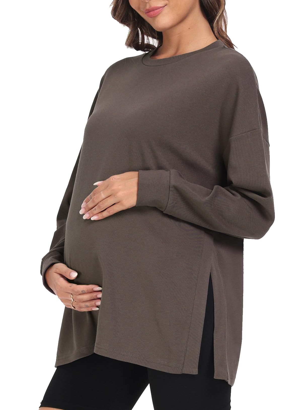 BBHoping Women's Maternity Shirts - Casual Split Side Pregnancy Tops, Long Sleeve Round Neck Loose Fit Nursing Clothes for Comfortable Everyday Wear at Work or Home