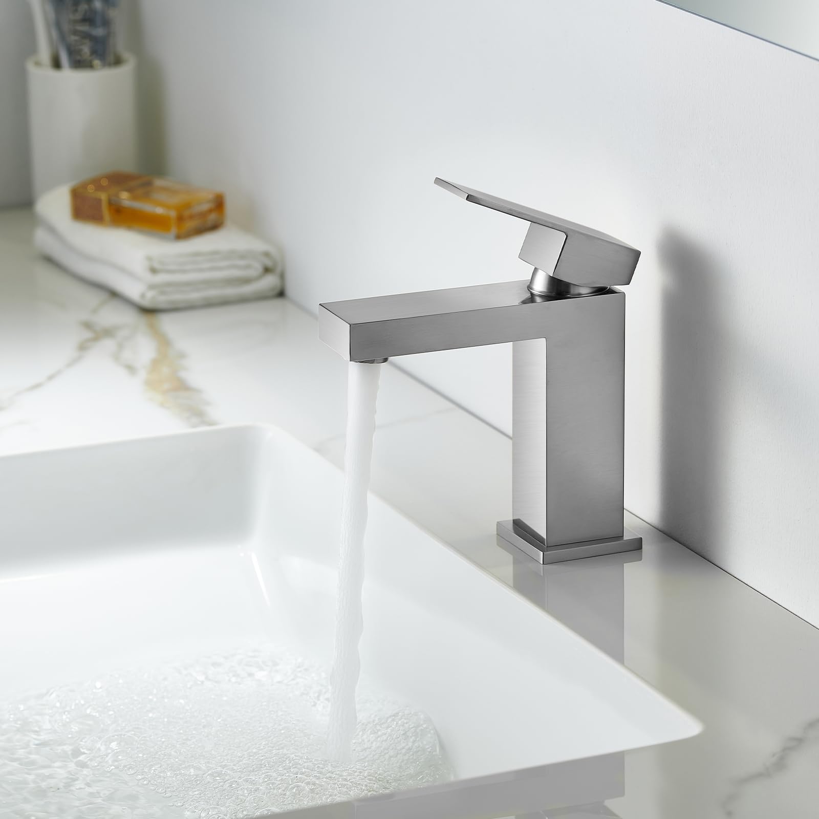 ALWEN Brushed Nickel Bathroom Faucet - 1 Hole Single Handle Sink Faucet with Pop-Up Drain, Lead-Free, Touch On - Perfect for Modern Bathroom Vanities, Powder Rooms & Guest Baths