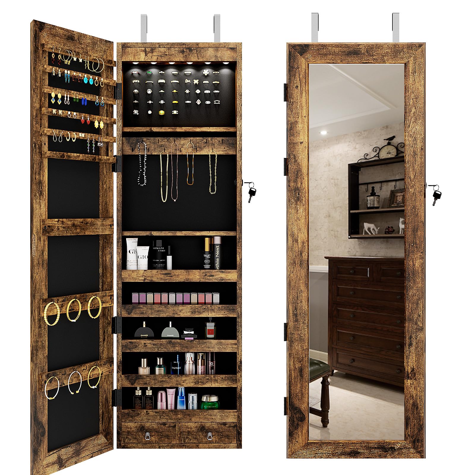 SogesHome Full-Length Jewelry Mirror Armoire Cabinet - Lockable Wall Mounted Organizer with LED Lights, Large Capacity Dressing Mirror for Jewelry Storage (Vintage Brown) | Perfect for Bedroom, Living Room & Closet Organization