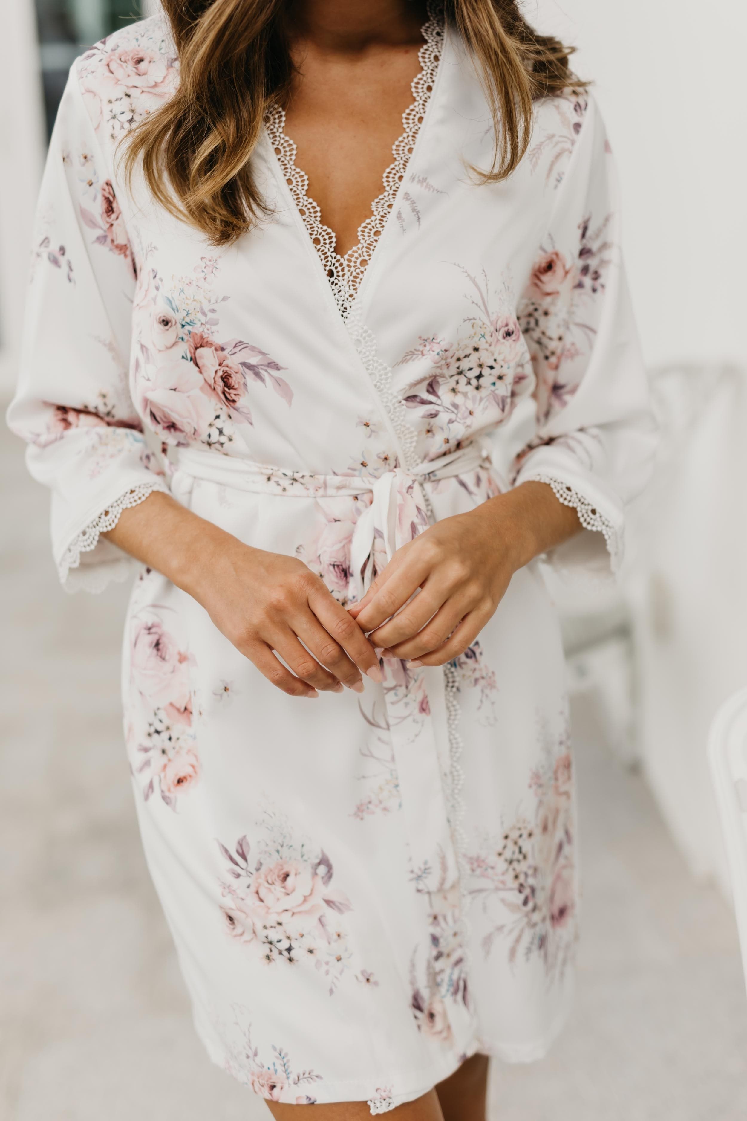 Elegant Rose Mist Floral Lace Trim Satin Robe - Women's Luxury Kimono Bathrobe for Bridal, Spa, Honeymoon & Boudoir Photography
