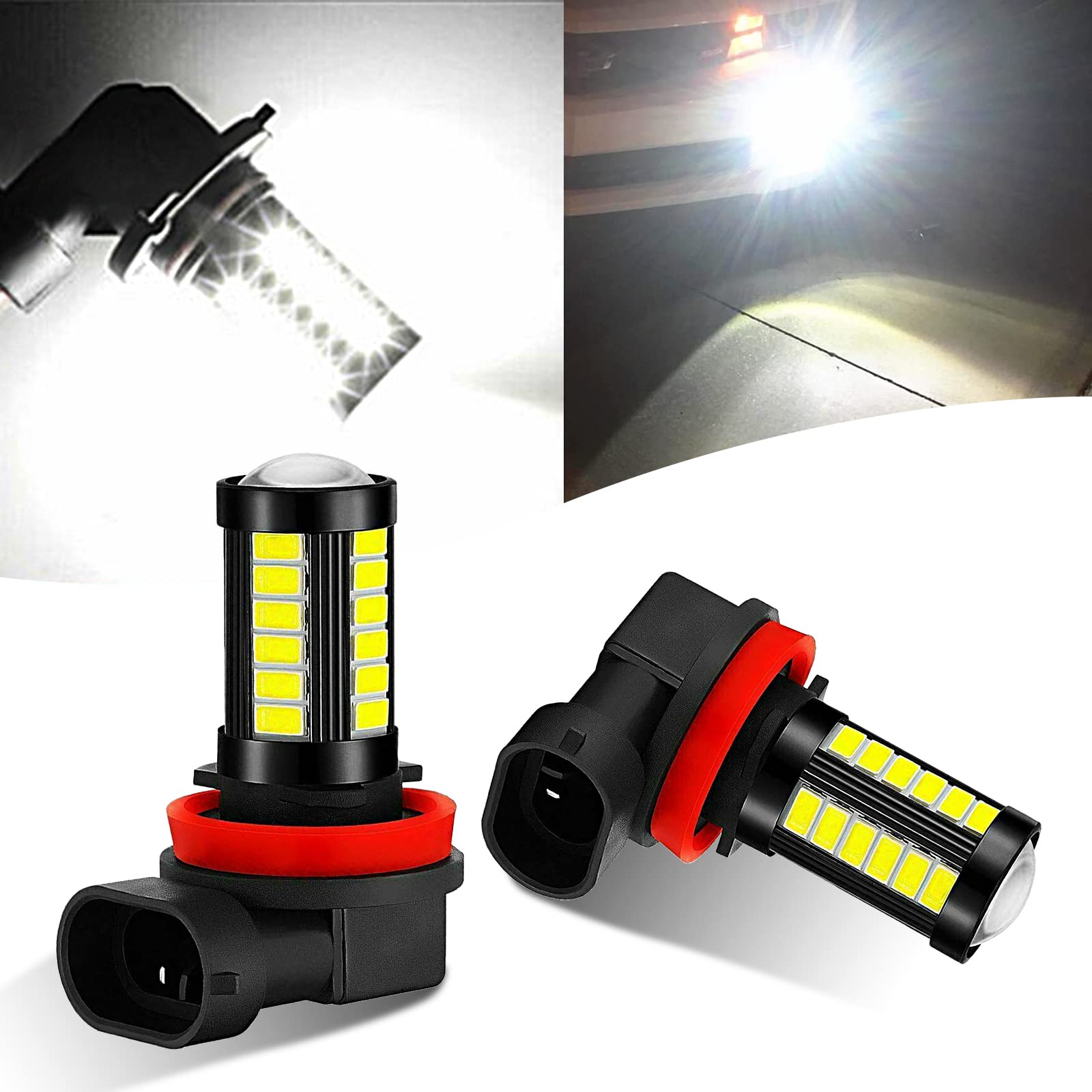 Miytsya Pack-2 H11 LED Fog Light Bulbs - 6500K White Bright Anti-Fog Lights, 12V Plug and Play 1500 Lumen LED Bulbs for Car, Truck, SUV Replacement (Black) - Enhance Visibility in Rain, Snow & Foggy Conditions