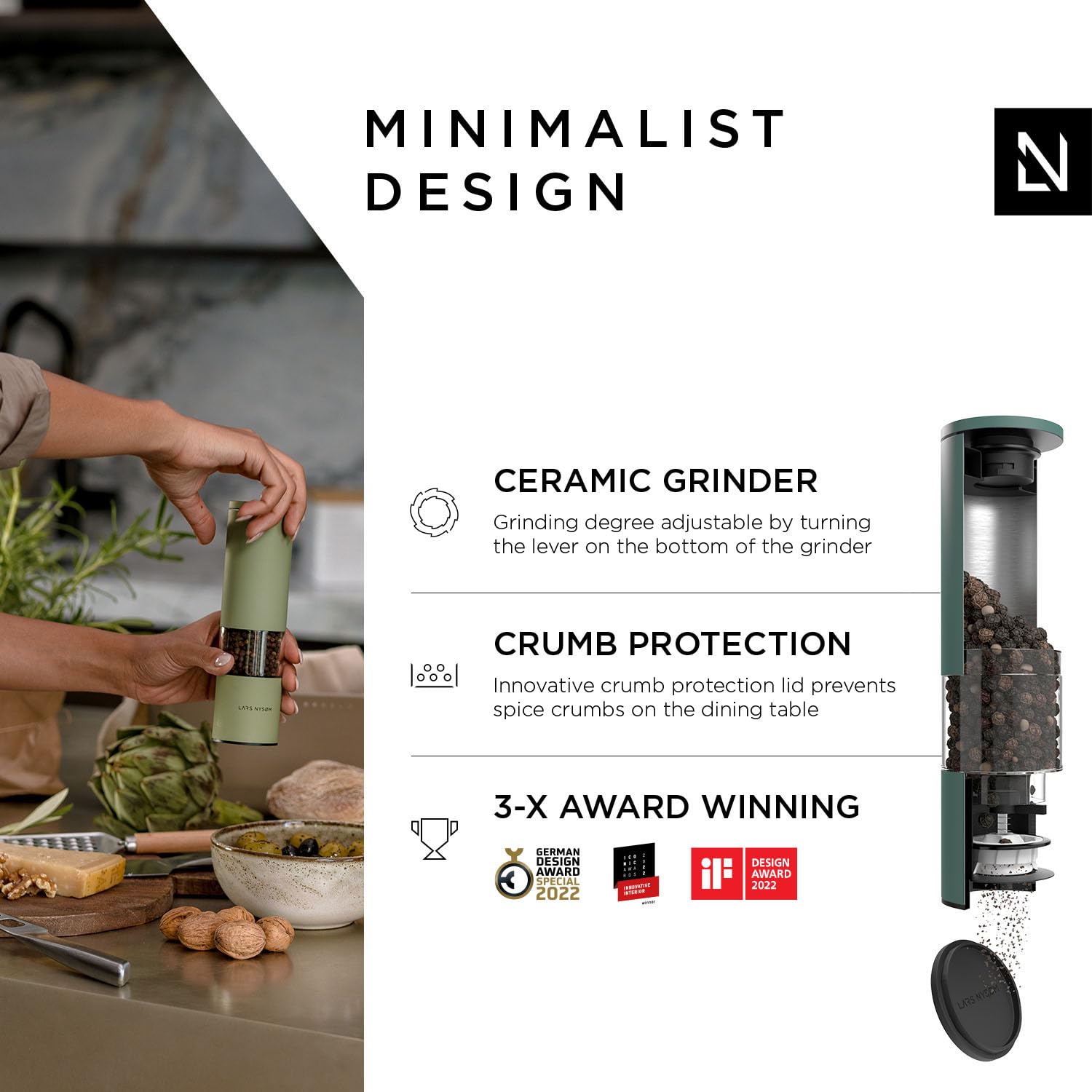 Premium LARS NYSØM Salt and Pepper Grinder Set - 2-Piece Adjustable Ceramic Mill with Manual Operation (Pine Green) | Perfect for Kitchen, Dining Table & Gourmet Cooking Gifts