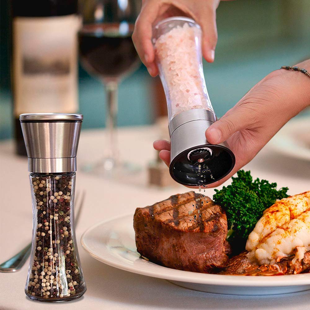 Premium Salt and Pepper Grinder Set - Adjustable Coarseness, Refillable Manual Mill with Stainless Steel Lid & Glass Body - Ideal for Home Kitchen, BBQ, Dining Table & Gourmet Cooking