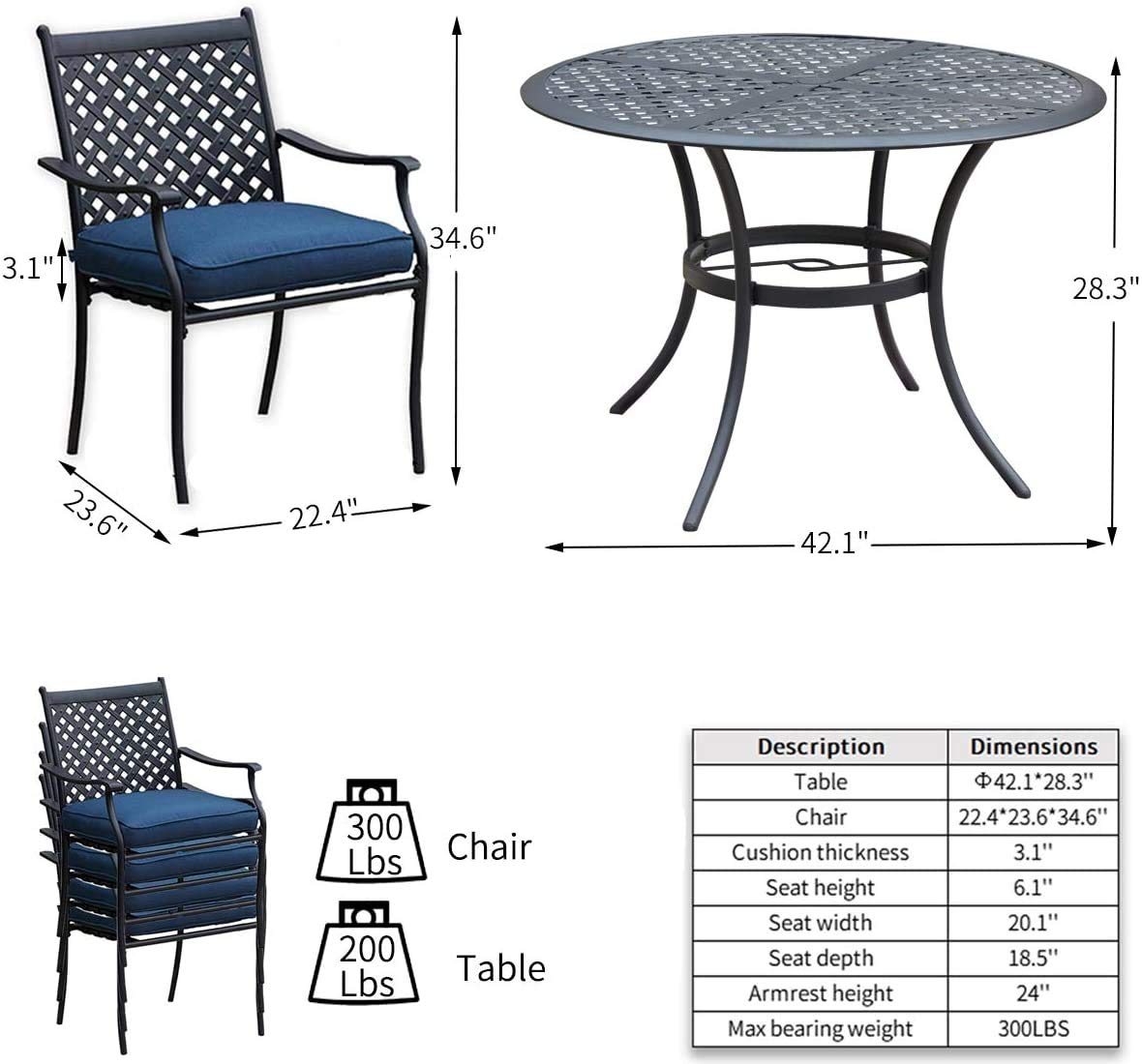 Romayard 5-Piece Outdoor Patio Dining Set with Cushioned Stackable Chairs - Blue Garden Conversation Furniture for Backyard, Deck, Poolside & Balcony