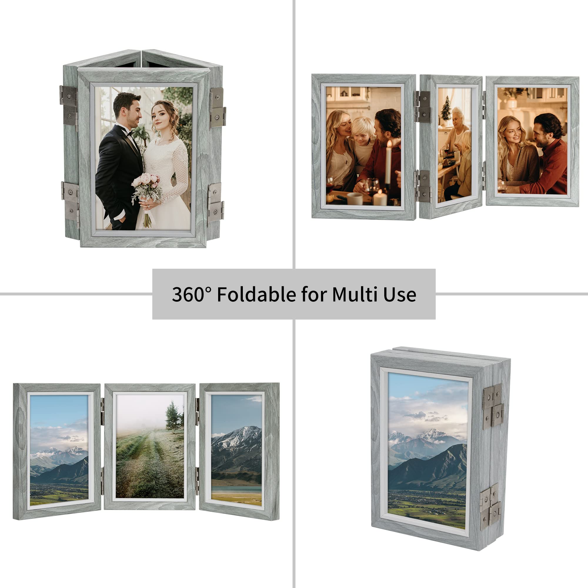 4x6 Picture Frame Collage Set of 3 - Real Glass Grey Wood Foldable Photo Frames for Wall & Tabletop Display - Perfect Gift for Family & Friends - Home Decor, Office, Living Room, Bedroom Display