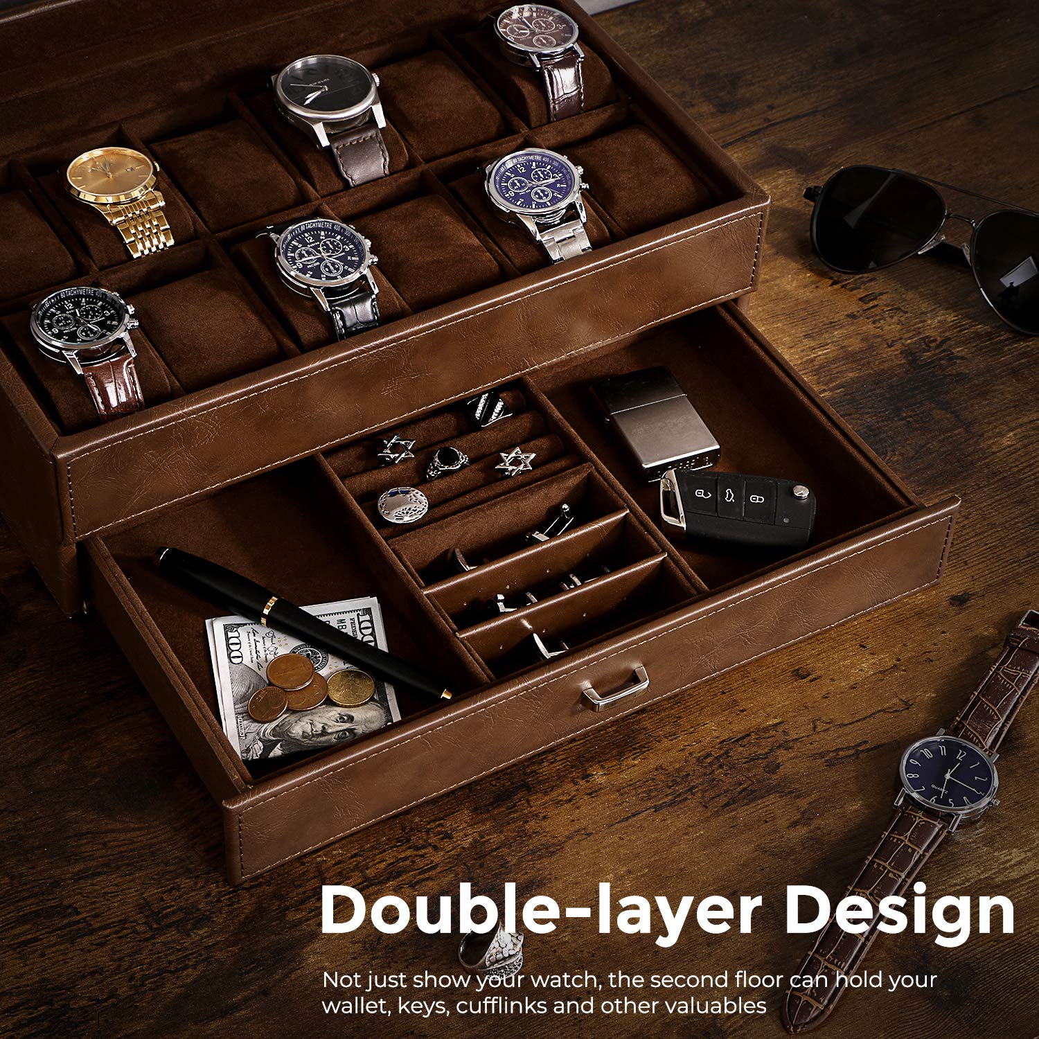 Premium BEWISHOME 12-Slot Luxury Watch Box & Sunglasses Organizer Case for Men and Women - Perfect for Travel, Home Storage, and Gift Giving