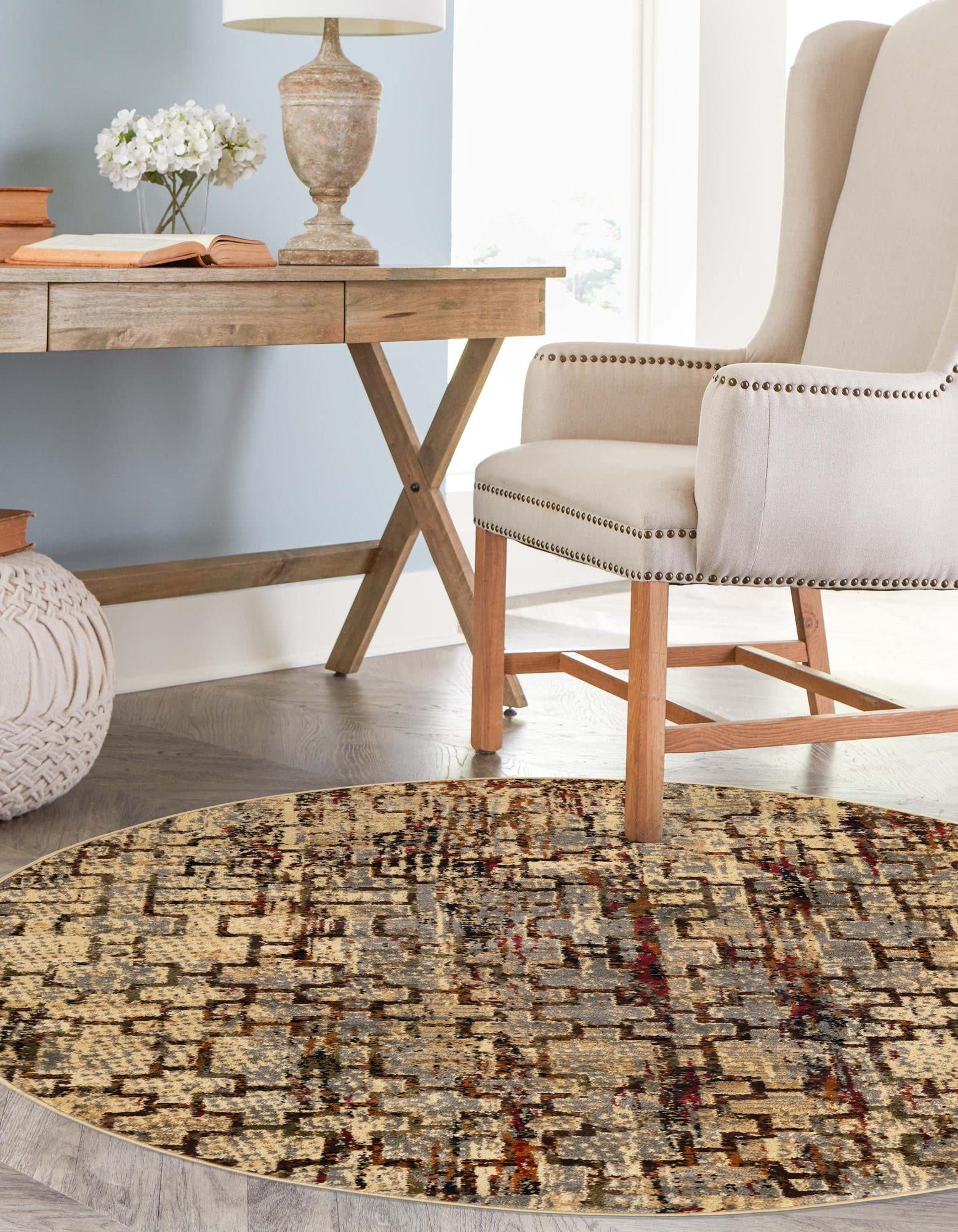 Unique Loom Saturn Collection Round Area Rug 7' x 7' - Soft Beige Cream & Black Modern Design for Living Room, Bedroom Decor | Non-Slip & Durable Floor Covering