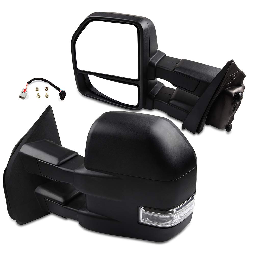 2015-2017 Ford F150 Power Adjustable Heated Towing Mirrors with Turn Signal & Puddle Light - Black Housing & Conversion Plug Pair (Left & Right) - Perfect for Truck Towing & Night Driving
