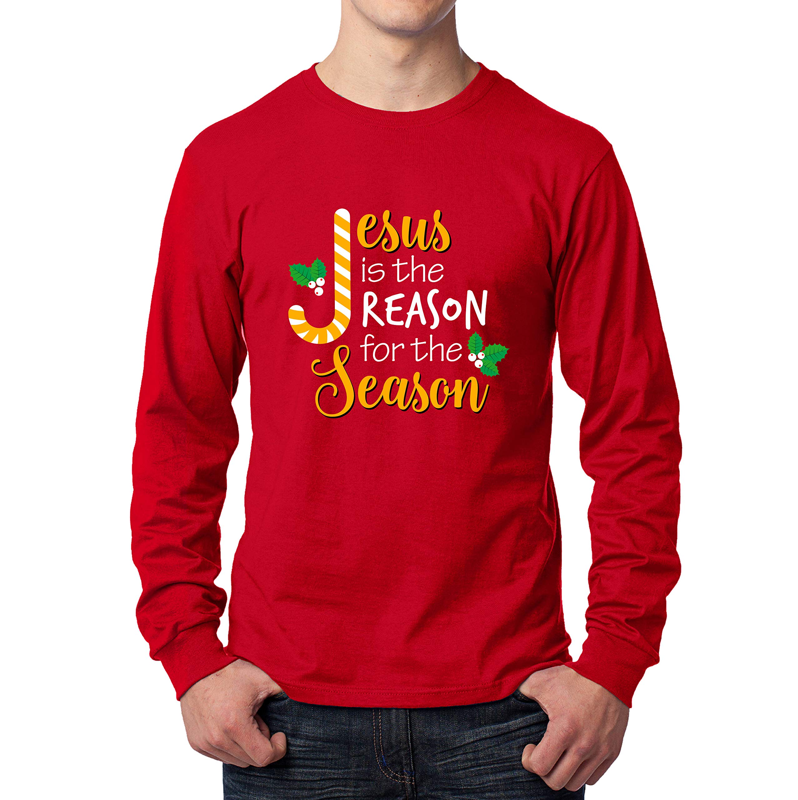 Jesus is The Reason for The Season Christmas Candy Cane Graphic Long Sleeve T-Shirt for Women & Men - Perfect for Holiday Parties, Church Events & Festive Family Gatherings