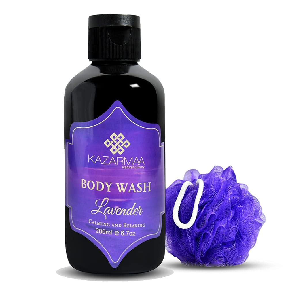 KAZARMAA Lavender Shower Gel & Body Wash - Moisturizing, Calming & Relaxing - 200ml with Loofah - Perfect for Stress Relief & Aromatherapy Baths