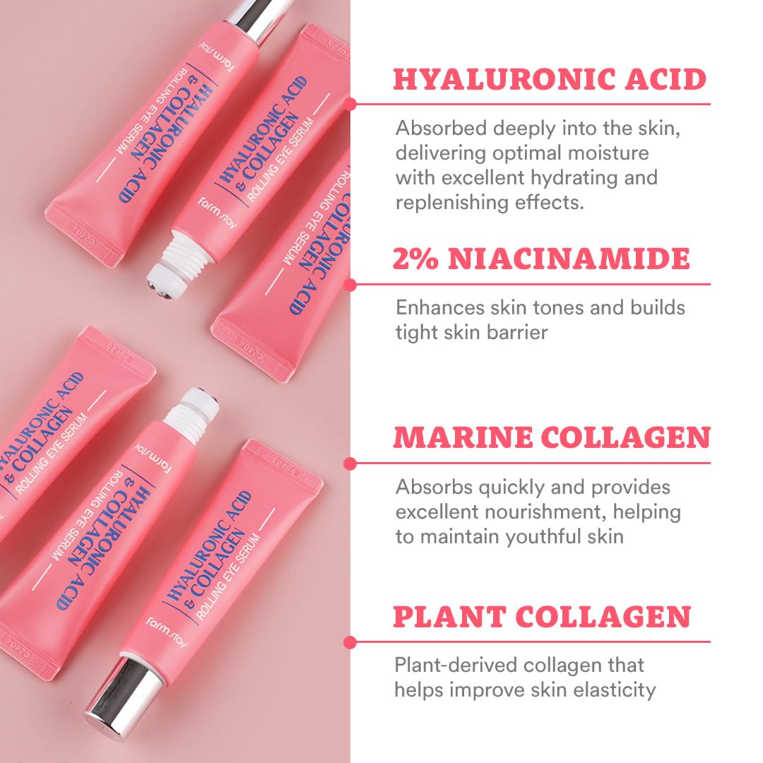 Farmstay Hyaluronic Acid Roll-on Eye Serum with 2% Niacinamide & Collagen – Korean Eye Roller for Dark Circles, Puffy Eyes & Wrinkles – Hydrating & Anti-Aging Eye Care – 0.84 fl. oz – Perfect for Morning Routine & Night Skincare