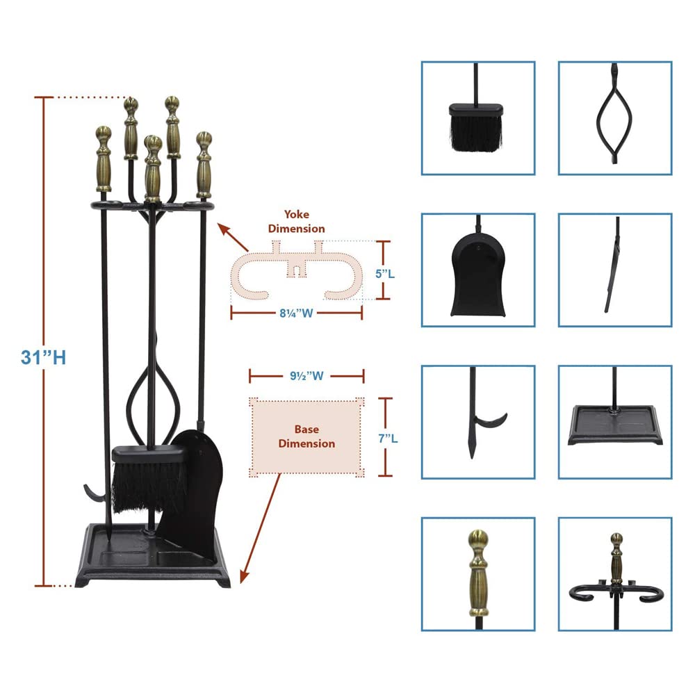 Westminster 5-Piece Fireplace Tool Set - Elegant Antique Brass & Black Iron Design for Luxury Home Decor - Perfect for Fireplace Maintenance & Cozy Living Room Ambiance