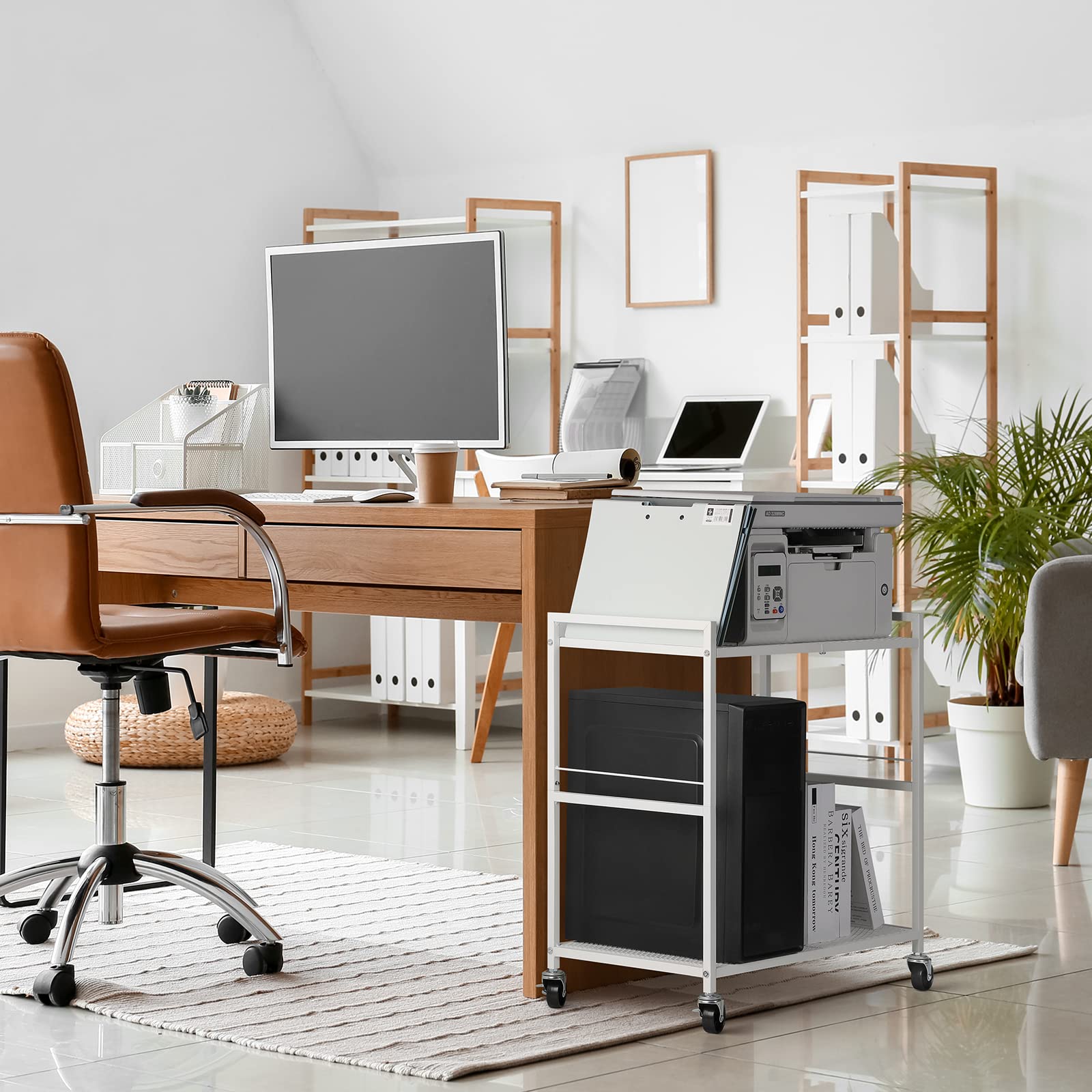 Metal Rolling Computer Tower Stand with 2-Tier Storage - Heavy Duty PC Stand Holds 40lbs, Under Desk Mobile Printer Cart for Home & Office Workspace (White) - Perfect for Compact Desks & Clutter-Free Workspaces