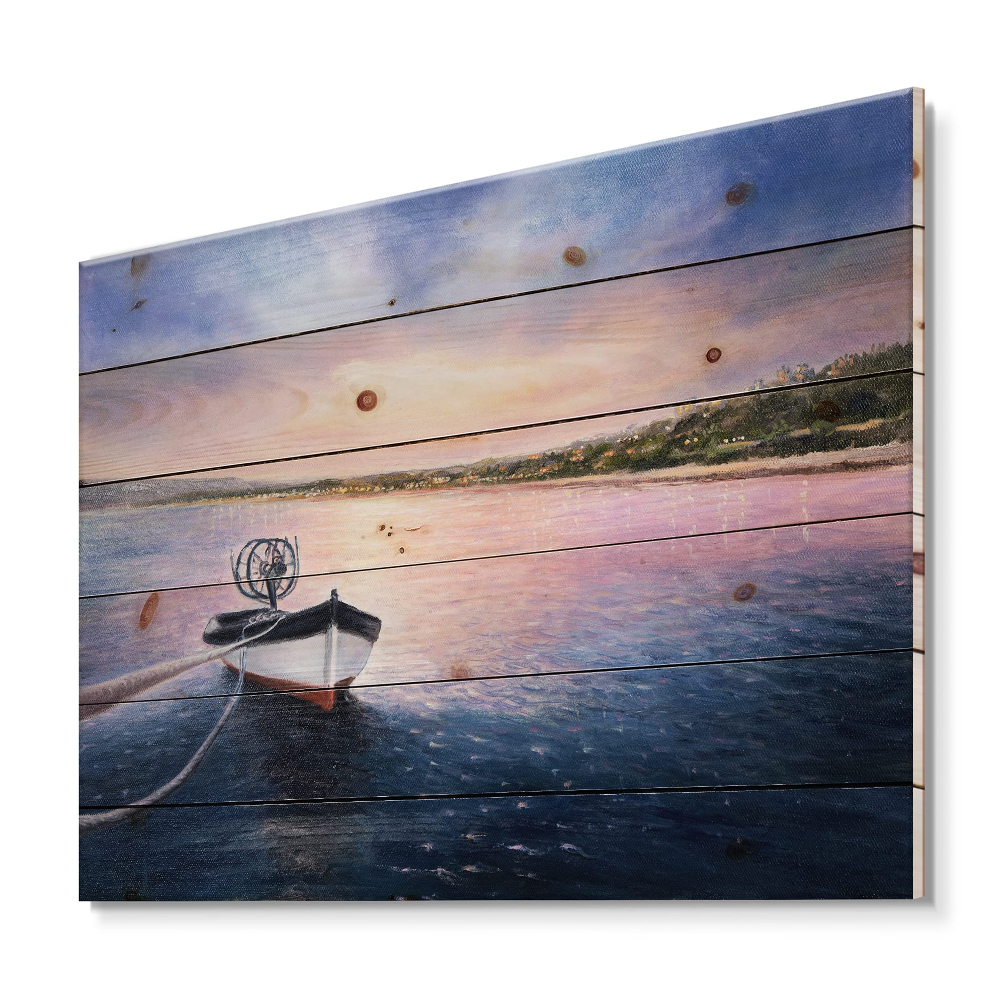 Vibrant Sunset Fishing Boat Wood Wall Art - Pine Wood Decor for Lake House