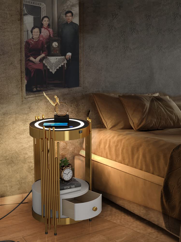 Gold LED Smart Round Nightstand with Drawer - Wireless Charging End Table for Small Spaces, Modern Coffee Table & Bedside Accent Table - Perfect for Bedroom, Living Room & Office Use